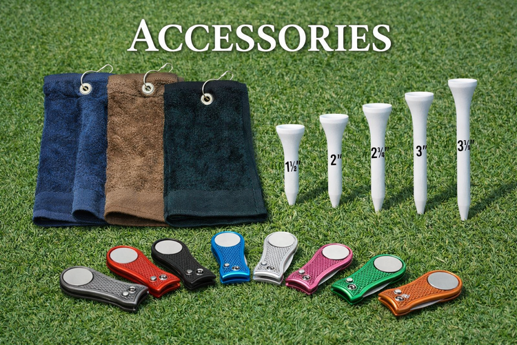 Premium golf accessories for players including golf tees, gloves, balls, and gear
